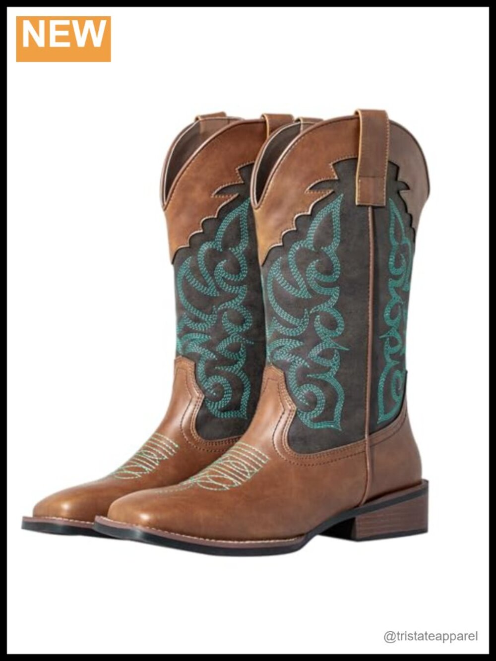 Women's Mid Calf Cowboy Boots Square Toe Chunky Heel Embroidered Faux Leather